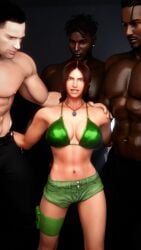 1girls 3boys 3d bikini bikini_top blender brown_eyes brown_hair clothing female forsavide freckles julia_chang large_breasts male muscular_male namco non_nude shorts size_difference tekken tekken_7 twin_braids