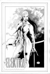 1girls 2007 big_breasts breasts elektra_natchios female marvel michael_bair nipple_bulge nipple_outline solo sword traditional_media_(artwork)