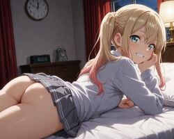 1girl ai_generated aianoart alarm_clock aqua_eyes ass bad_girl_(manga) bangs bed bed_sheet bedroom black_skirt blonde_hair blush braid breasts cardigan clock curtains from_behind gradient_hair green_eyes grey_skirt grin hand_on_own_cheek hand_on_own_face head_rest indoors lamp long_hair long_sleeves looking_at_viewer looking_back lying miniskirt multicolored_hair night no_panties on_bed on_stomach pillow pink_hair pleated_skirt school_uniform sidelocks skirt sky smile solo suzukaze_suzu sweater thighs twintails wall_clock white_shirt window