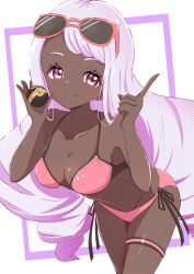 1girl absurdres artist_request big_breasts bikini breasts cleavage collarbone commentary_request dark-skinned_female dark_skin eyewear_on_head game_freak highres jacinthe_(pokemon) large_breasts long_hair low_drills luxury_ball nintendo pink_bikini poke_ball pokemon pokemon_legends:_z-a pokemon_legends_z-a purple_eyes purple_hair simple_background smile solo sunglasses swimsuit thigh_strap very_dark_skin white_background yukari_(pokemon)