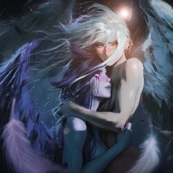 ai_art ai_assisted aisei angel angel_girl angel_wings blush blushing breasts breasts_squeezed_together crying dramatic_lighting dramatic_shadows fallen_angel feathered_wings feathers hugging hugging_another kayle league_of_legends league_of_legends:_wild_rift light monochrome morgana naked naked_female purple_body purple_eyes purple_skin questionable rain raining rainy sad sister sister_(lore) sister_and_sister sisters smeared_makeup tears wet windy yellow_eyes