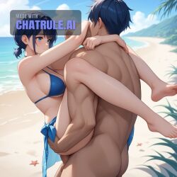 1girl ai_assisted ai_generated anal anal_penetration beach big_dick blue_bikini blue_eyes carrying dark_blue_hair dead_or_alive leg_lock sarong short_ponytail side_ponytail solo source_anime