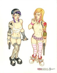 2012 2girls breasts duo female female_only fishnets gun nipples piercing pussy rick_mays skirt tattoo traditional_media_(artwork)