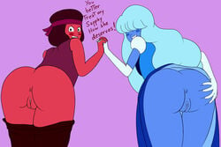 2girls anus ass big_ass blue_hair blue_skin brown_hair devilishrr female female_only gem_(species) hand_holding leaning_forward long_hair looking_back multiple_girls plain_background presenting presenting_hindquarters pussy red_skin ruby_(steven_universe) sapphire_(steven_universe) smile steven_universe tagme text