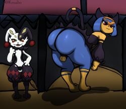 2boys anthro ass bad_anatomy balls ballsack big_ass chastity_belt chastity_cage dupin_(pal) femboy flat_chastity_cage flat_chest huge_ass kruabo looking_at_viewer male palworld paws pocketpair sekhmet_(pal) self_upload tagme thick_thighs thighs