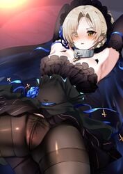 :o armpits arms_behind_head arms_up azur_lane bangs black_dress black_gloves black_legwear blue_ribbon blush braid braided_bun breasts clavicle cleavage covered_navel dress dress_lift elbow_gloves eyebrows_visible_through_hair eyes_visible_through_hair female female frills gloves hair_bun hair_ornament hair_over_one_eye headdress high_resolution large_breasts lying no_bra nopan on_back open_mouth pantyhose pubic_hair ribbon see-through sheffield_(azur_lane) short_hair sidelocks skirt skirt_lift sleeveless sleeveless_dress strapless strapless_dress take_(trude1945oneetyan) thighband_pantyhose thighs tied_hair vagina veil very_high_resolution yellow_eyes