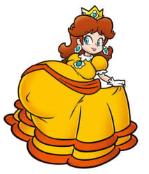 blue_eyes blue_eyes_female brown_hair brown_hair_female edited_art edited_official_artwork enjoying_pregnancy looking_to_the_side mario_(series) morphtothetop nintendo orange_dress pregnant pregnant_belly pregnant_female princess_daisy