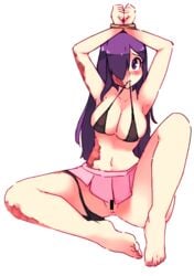 anus armpits arms_up bangs bar_censor barefoot bikini_in_mouth black_bra black_panties blush bondage bound bound_wrists bra breasts burn_scar censored cleavage commentary feet female full_body hair_over_one_eye ikezawa_hanako katawa_shoujo large_breasts long_hair looking_at_viewer mouth_hold no_shirt panties pink_skirt purple_eyes purple_hair rtil scar simple_background sitting skirt solo spread_legs underwear white_background