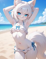 ai_generated bikini blue_eyes breasts female fluffy_tail frilled_bikini furry luna_winters underboob white_hair wolf wolf_girl wolf_tail