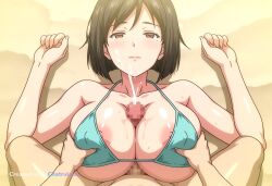 1girl ai_assisted ai_generated anime_coloring beach big_boobs black_hair brown_eyes cock_between_boobs cum_eruption cum_explosion cumshot love mature_female mm mole_under_eye paizuri sand shiny_boobs short_hair straddling_paizuri titfuck titjob
