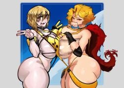 2girls blush breasts_bigger_than_head breasts_squeezed_together collaboration cute don_quixote_(limbus_company) double_peace_sign eclipseecliptus elegg_(boom_and_shock)_(nikke)_(cosplay) female female_focus female_only hand_on_breast huge_ass huge_breasts huge_thighs limbus_company pale-skinned_female pale_skin peace_sign sancho_(limbus_company) short_hair shy side_view string_bikini swimsuit teyo_jominu thick_thighs tongue tongue_out