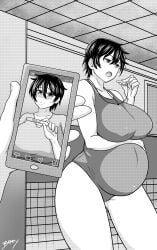 1girls belly big_belly big_breasts black_hair breasts female female_focus huge_breasts nipple_bulge one-piece_swimsuit onlyboney pregnancy_test pregnant short_hair smartphone solo_focus swimsuit