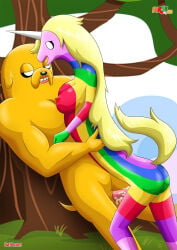 1boy 1girls adventure_time ass bbmbbf breasts cum female fur34 grass half-closed_eyes jake_the_dog lady_rainicorn male nipple nude palcomix penis rainbow sex sky tree unicorn unicorn_horn yellow_hair