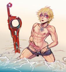 1boy abs beach blonde_hair blush bracelet dripping erect_nipples erection kneeling looking_at_viewer male male_focus male_only masturbation muscles muscular necklace nintendo open_mouth orgasm_from_masturbation partially_clothed penis shorts_down shulk_(xenoblade) solo solo_male swimsuit sword testicles topless topless_male undressing weapon wet xenoblade_(series) xenoblade_chronicles