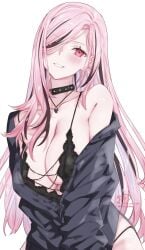 1girls barely_covered_breasts big_breasts blush breasts choker cleavage female hair_over_one_eye hi_res hololive hololive_english kamiya_maneki large_breasts mori_calliope off_shoulder open_coat pink_eyes red_eyes solo streaked_hair virtual_youtuber vtuber