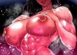 1girls abs cropped_head kurosaka_oekaki large_breasts lipstick muscular_female navel nipple_piercing original_character smile solo solo_female wet