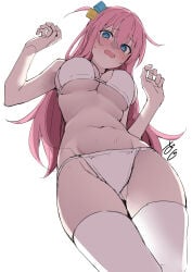 1girl absurdres bikini blue_eyes blush bocchi_the_rock! breasts cube_hair_ornament gotou_hitori hair_between_eyes hair_ornament highres kawai_ritsu_(rits_meg) large_breasts long_hair looking_at_viewer navel one_side_up open_mouth pink_hair simple_background solo stomach swimsuit thighhighs thighs white_background white_bikini white_thighhighs