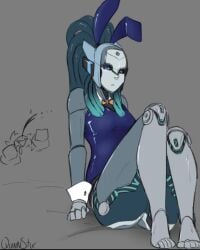 1girls bluesky_link bunny_ears bunnysuit danger_(marvel) danger_(marvel_tokon) digital_drawing_(artwork) digital_media_(artwork) feet female looking_at_viewer nosebleed quinnstix robot robot_girl sitting sitting_down watermark