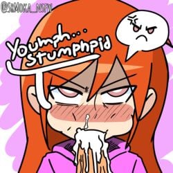 1boy 1boy1girl 1girls angry blowjob cum cum_in_mouth fellatio female gibger orange_hair original_character pink_eyes red_hair srmoka tagme