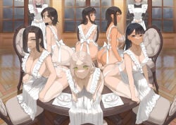 6+girls ass black_hair blonde_hair brown_eyes brown_hair chair cleavage female female_only garters green_eyes hair_over_one_eye huge_ass huge_breasts large_breasts maid maid_outfit original seiza sideboob sitting throtem white_panties