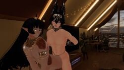 2boys 3d anal bent_over black_hair gay horns implied_penetration indie_virtual_youtuber jewelry kemonomimi rusty_fc tan_body virtual_youtuber vrchat vtuber yaoi yellow_eyes