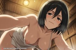 1girl ai ai_art ai_generated all_fours bare_shoulders black_eyes black_hair blush bottomless breasts camisole ceiling ceiling_light closed_mouth collarbone downblouse from_below hair_between_eyes hanging_breasts indoors large_breasts looking_at_viewer medium_breasts mikasa_ackerman nipple_slip nipples no_bra one_breast_out sauna shingeki_no_kyojin short_hair smile solo steam sweat white_camisole white_tank_top wooden_wall