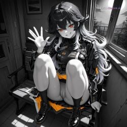 1girl ai_assisted ai_generated beautiful black_hair day detailed_background dress from_above full_body general gradient_hair grayscale grey_hair grin hair_between_eyes high_contrast highres indoors k knees_up long_hair looking_at_viewer moonlight multicolored_hair night nikke no_nose on_bench orange_eyes perfect_anatomy pussy red_eyes sharp_teeth sidelocks sitting sitting_on_chair slit_pupils smile smug socks two_tone_hair upskirt_view waving white_hair