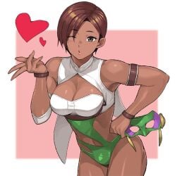 1girl alternate_costume armlet artist_request big_breasts blowing_kiss blush breasts brown_eyes brown_hair cleavage cleavage_cutout clothing_cutout commentary_request dark-skinned_female dark_skin dead_or_alive elbow_pads fingernails heart jewelry kiss la_mariposa leather lisa_hamilton luchador mask muscular one_eye_closed open_mouth pink_background pose short_hair single_elbow_pad solo swept_bangs unworn_mask wrestling wrestling_mask wrestling_outfit