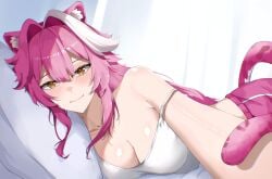 1girls animal_ears artist_request big_breasts blush cleavage female hi_res highres hololive hololive_english hololive_english_-justice- lying_down lying_on_bed off_shoulder panther_ears panther_girl panther_tail pink_hair raora_panthera selfie solo virtual_youtuber vtuber