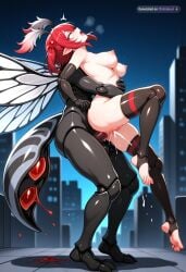 1girl ai_assisted ai_generated anal_sex antennae arthropod_girl attack barefoot barely_clothed blurry_background bright_pupils carapace city claws double_penetration fighting_stance folded_wings foot_fetish from_side full_body_view glowing hair_bobbles insect_wings light_particles monster_girl naked_pussy perfect_anatomy perky_breasts pointy_ears rough_sex science_fiction sex_from_behind striped_tail toeless_legwear uncensored white_wings