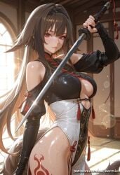 1girl ai_generated animal_ears bangs bare_shoulders blush breasts brown_hair closed_mouth clothing_cutout dress hairband helluva_boss holding holding_sword holding_weapon indoors katana kermixx large_breasts lips long_hair long_sleeves looking_at_viewer millie_(helluva_boss) pelvic_curtain red_eyes shiny_skin smile solo sword tail tassel tattoo thighs very_long_hair weapon