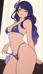 1female 1girl 1girls ai_assisted ai_generated bikini bikini_bottom bikini_only bikini_pull bikini_top crossover_cosplay dc dc_comics genshin_impact hair hair_ornament purple_eyes purple_hair raiden_shogun solo solo_female solo_focus superman_(cosplay) superman_(series) superman_logo