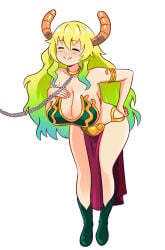 apple_green_hair aqua_hair armlet bending_forward bending_over bent_forward big_breasts bikini_armor boots burgundy_clothing busty chain_leash chained_up cleavage collar_and_leash content_smile curvy dragon_girl dragon_horns dragon_human_form dragon_humanoid eyes_closed female full_body gold_collar gradient_hair green_hair happy_female hips huge_breasts large_breasts leash light-skinned_female light_skin long_hair lucoa miss_kobayashi's_dragon_maid narrowed_eyes pelvic_curtain plain_background slave_bikini slave_collar slave_girl slave_leia_(cosplay) slave_leia_costume slave_outfit slavegirl smgold smile smiling solid_color_background teal_boots teal_clothing white_background wide_hips yellow_hair