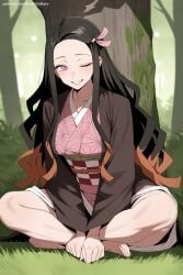 1girl ai_generated bamboo barefoot black_hair brown_hair forehead gag gradient_hair grass grin hair_ribbon haori hi_res high_quality high_resolution indian_style japanese_clothes kamado_nezuko kimetsu_no_yaiba kimono long_hair long_sleeves looking_at_viewer multicolored_hair older on_grass one_eye_closed outdoors patreon pink_eyes pink_kimono pink_ribbon ribbon seductive sexy sitting smile solo teeth two-tone_hair uncensored very_long_hair watermark