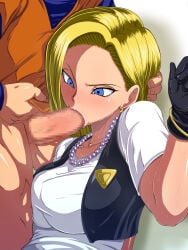 1boy 1girls against_wall android android_18 big_breasts blonde_female blonde_hair blowjob canon_couple dragon_ball dragon_ball_z fellatio forced_oral gloves husband_and_wife krillin kuririn large_breasts looking_down married_couple oral oral_sex wife_and_husband
