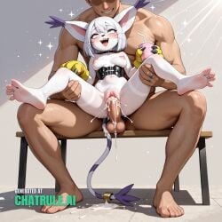 1girl 1man 2d ai_assisted ai_generated anatomically_correct animal_ears barefoot bench blue_eyes bob_cut bottomless choker closed_eyes cum_shot digimon explicit faceless_man fit foot_fetish full_body_view hairy_pussy kneeling mounting naked naked_man natural_breasts on_all_fours open_mouth orgasm perfect_anatomy perky_breasts pubic_hair rolling_eyes simple_background sitting size_difference skinny smile sparkles tailmon teeth thighband topless uncensored upper_teeth vaginal_sex white_fur