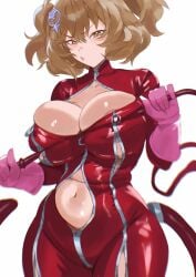 anis_(nikke) anis_(star)_(nikke) ann_takamaki ann_takamaki_(cosplay) ann_takamaki_(panther) areola_slip areolae_peeking belly_overhang cat_tail chubby chubby_female cleavage cosplay cosplaying_as_character goddess_of_victory:_nikke hirosenpai huge_breasts navel nipple_slip open_clothes persona persona_5 plump thick_thighs tight_clothing undersized_clothes whip wide_hips zipper