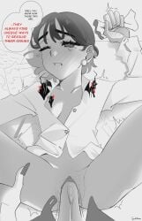 1futa 1girls alien_stage bottomless bottomless_female earrings english_text fischlbrina futa_with_female futanari greyscale missionary_position mizi_(alien_stage) one_eye_closed penis pov_futa pussy red_text sex shirt sua_(alien_stage) vaginal