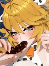 1girls blonde_hair cow_ears_headband cowbell_collar cowprint_bikini dokibird head_wings indie_virtual_youtuber looking_at_viewer loshi suggestive_food suggestive_gesture suggestive_posing vtuber