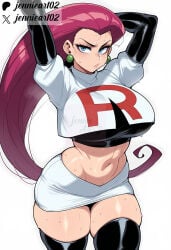 1girl ai_generated arms_up artist_name black_gloves black_thighhighs blue_eyes boots breasts closed_mouth clothing crop_top curvy earrings elbow_gloves female gloves hair_slicked_back jennieart02 jessie_(pokemon) jewelry large_breasts legwear long_hair looking_at_viewer midriff miniskirt navel patreon patreon_logo patreon_username pencil_skirt pokemon purple_hair red_hair simple_background skirt solo stomach sweat team_rocket team_rocket_uniform thick_thighs thigh_boots thighhighs thighs twitter twitter_username very_long_hair watermark web_address white_background white_skirt zettai_ryouiki