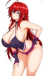 1girl absurdres ahoge bare_arms big_breasts black_bra blue_eyes blush bra breasts cleavage closed_mouth collarbone commentary_request crossed_bangs eclyart eclypse eclypsea hair_between_eyes hand_on_own_hip high_school_dxd highres large_breasts lingerie navel panties purple_panties red_hair rias_gremory sidelocks simple_background smile solo standing thighs underwear white_background