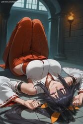 1girl ai_generated akeno_himejima bangs black_hair blush breasts candle detached_sleeves hair_between_eyes hair_ribbon hakama hi_res high_quality high_resolution high_school_dxd himejima_akeno indoors japanese_clothes knees_up large_breasts long_hair looking_at_viewer lying miko nontraditional_miko on_back patreon ponytail purple_eyes red_hakama ribbon ribbon-trimmed_sleeves ribbon_trim seductive sexy smile solo uncensored very_long_hair watermark wide_sleeves