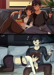 1boy 1girls akira_kurusu ass atlus before_and_after bra brown_hair date_night fellatio female glasses handjob karbuitt makoto_niijima male oral persona persona_5 persona_5_scramble:_the_phantom_strikers ren_amamiya short_hair