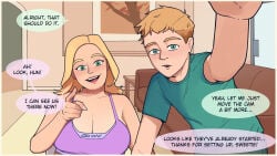 aionarap blonde_hair blue_eyes couch green_eyes incest large_breasts livestream mature_female milf mother_and_son no_sex original original_character recording sports_bra tagme