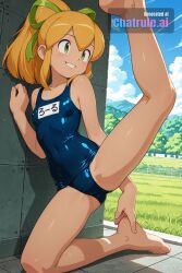 1girl ai_assisted ai_generated anime_coloring blonde_hair cleft_of_venus day detailed_vagina dynamic_angle dynamic_pose erect_nipples facing_viewer female_focus full_body glossy_lips green_eyes hair_ribbon legs_spread mega_man name_tag nude ponytail roll_(mega_man) school_swimsuit shading shadows shaved_vagina sidelocks sky small_breasts smile solo solo_female spreading_legs thick_nipples tiny_breasts
