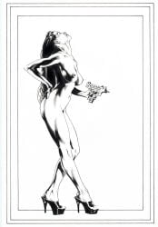 1girls 2007 big_breasts breasts female gun michael_bair nipples nude solo traditional_media_(artwork)