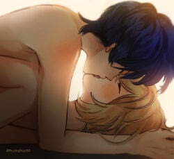 1boy 1girl blonde_female blonde_hair blue_hair drool female folded french_kiss genshin_impact kissing kissing_while_penetrated lumine_(genshin_impact) making_out male male/female nude passionate passionate_kiss passionate_sex phuonghoa198 scaramouche_(genshin_impact) sex side_view straight tongue_kiss wanderer_(genshin_impact)
