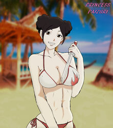 1girls bangs bare_shoulders beach bikini braid breasts brown_eyes brown_hair cleavage collarbone double_bun female female_focus female_only holding_object kunoichi large_breasts long_hair naruto naruto:_the_last naruto_(series) ocean outdoors princess_paizuri sand short_sword smile solo swimsuit sword tenten tied_hair upper_body water weapon