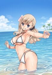armpits blonde_hair blue_eyes earrings edens_zero edited hair_flower hair_scrunchie large_breasts low_twintails mashima_hiro ocean official_art rebecca_bluegarden scrunchie sideboob smile twintails underboob upscaled wading wet white_bikini wrist_scrunchie