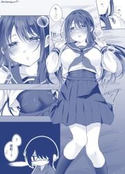 1boy 1girls blush breath class_3-z comic female genderswap_(mtf) gintama japanese_text katsura_kotarou long_hair male medium_breasts monochrome on_back on_bed one-piece_swimsuit rule_63 school_swimsuit school_uniform serafuku shirotamayunn sukumizu sweat swimsuit takasugi_shinsuke